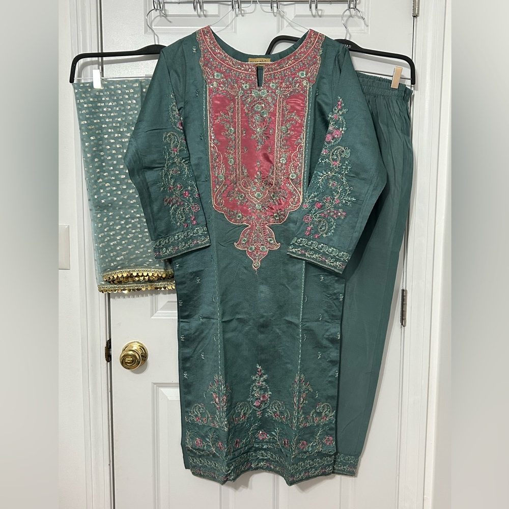 Meraki luxury pret 3 piece stitched Pakistani suit in sea green cotton net